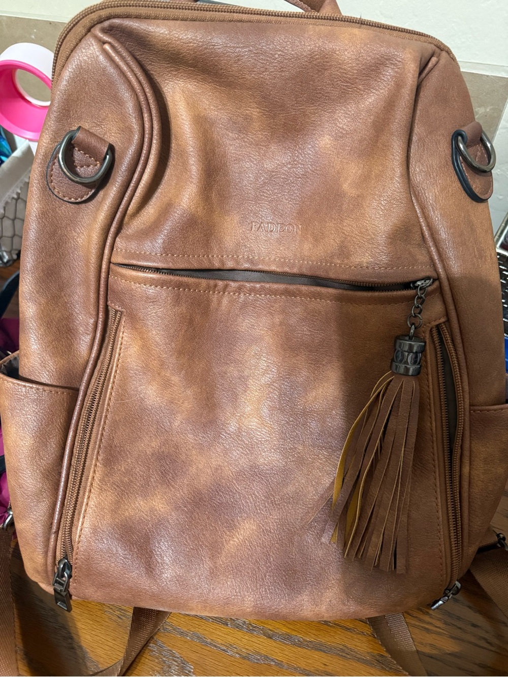 Tan Faux Leather Women's Backpack with Tassel by